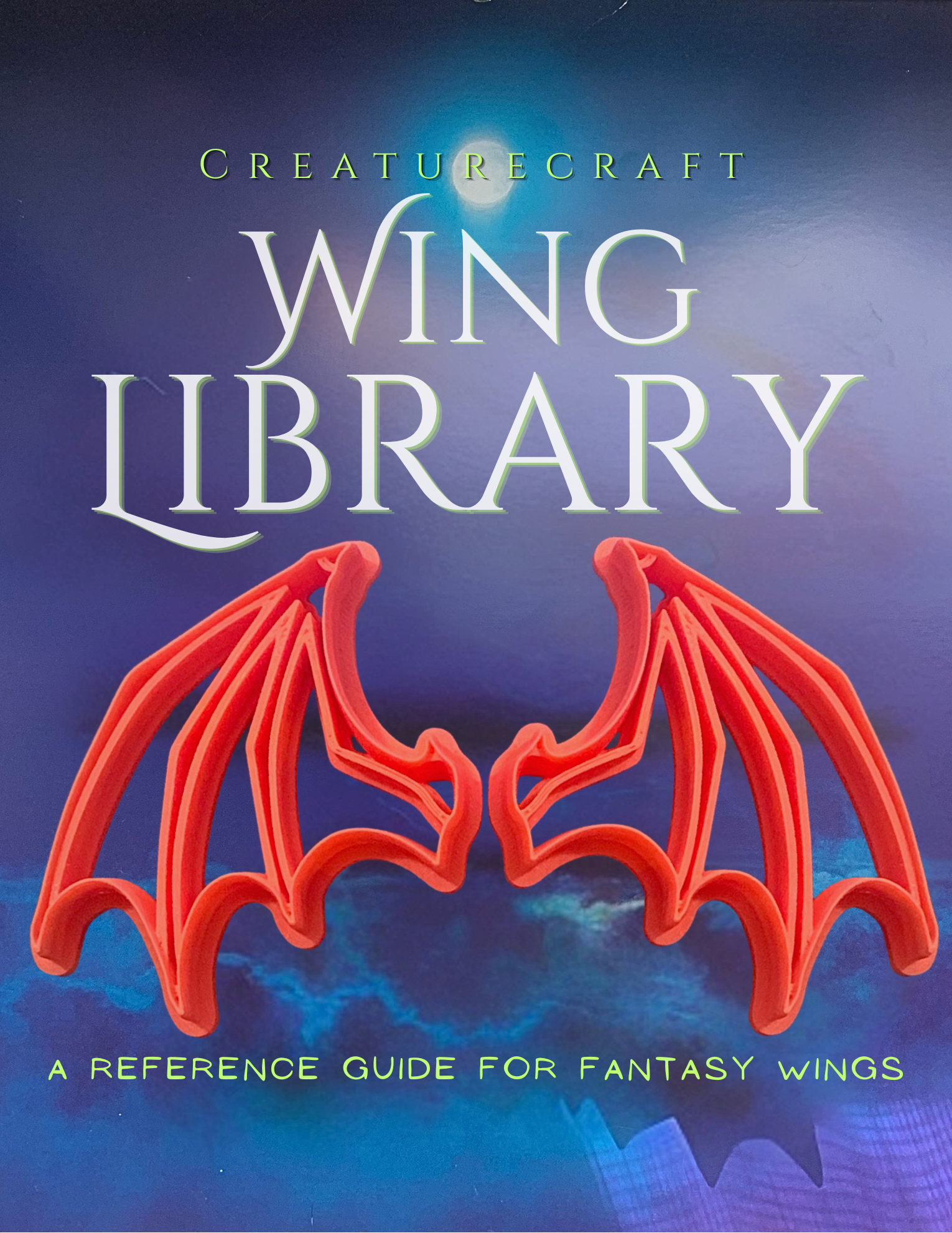Front cover of the book 'Wing Library: A Reference Guide for Fantasy Wings' by Creaturecraft, featuring a blue and purple fantasy background with a pair of bright red fantasy wings in the center.