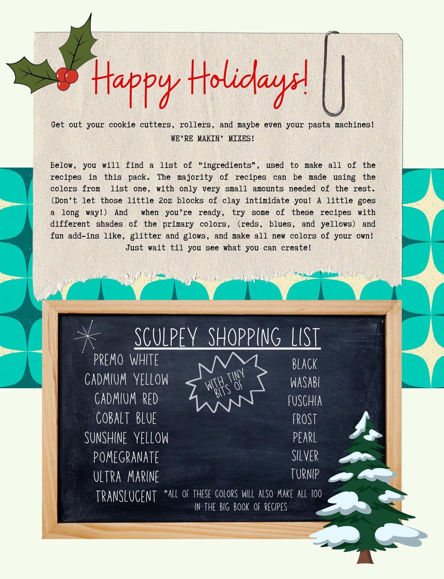 Holiday Color Recipes for use with Sculpey Premo clay (Digital), with Disney inspired FROZEN Color recipe pack. Plus 5 BONUS recipes