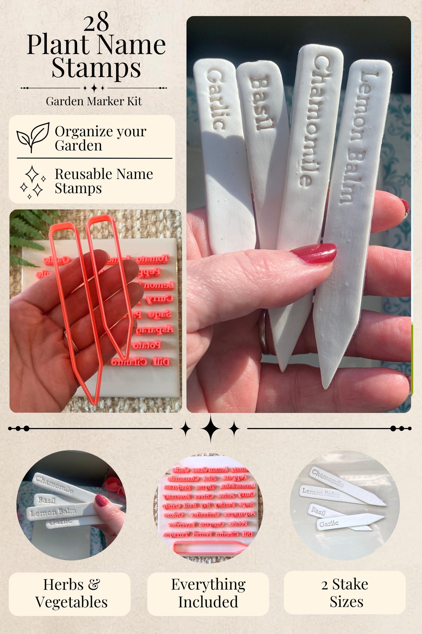28 Plant Name Stamps w/ 2 Stake Cutters for Polymer Clay | Botanical Cutters