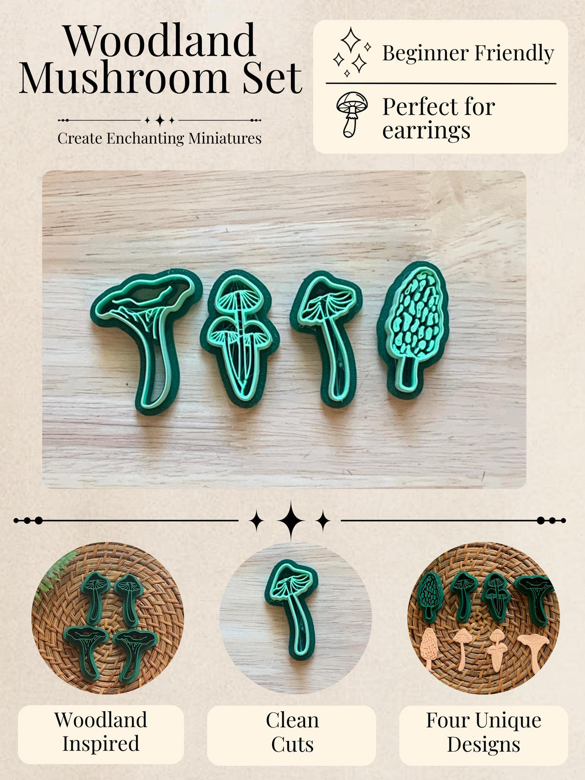 Mushroom 4 pack Polymer Clay Cutters: Morel, Chanterelle, Pixie Caps