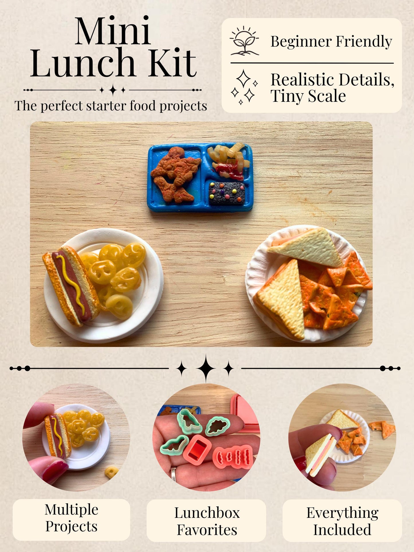 Mini Food Collection Bundle for Polymer Clay | Lunch Tray, Sandwich & Hot Dog Kits