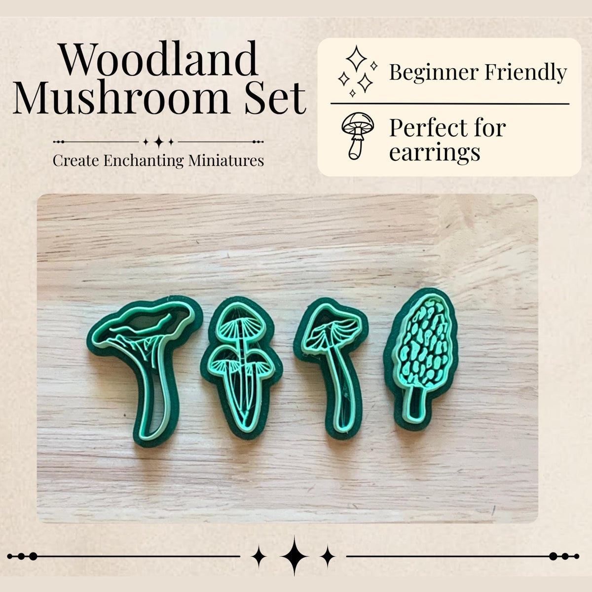 Mushroom 4 pack Polymer Clay Cutters: Morel, Chanterelle, Pixie Caps